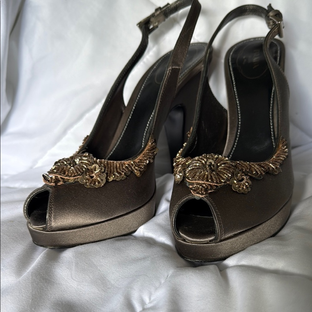 Prada Brown Gold Heels with Peep-Toe Design